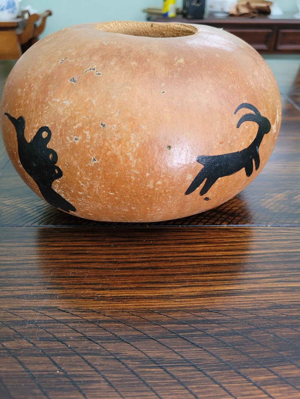 Native American Gourd Bowl Folk Tribal Art Hummingbird Sheep Roadrunner